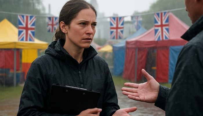 How to Tidy One off Event Overspends: Proven Strategies | DCL Event organizer negotiating contracts at rainy London festival with colorful tents and Union Jack banners