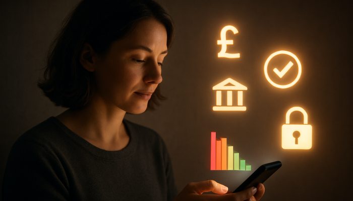 Person viewing smartphone with UK debt apps, bank links, and declining colorful spending graphs toward financial freedom.