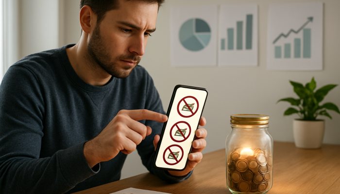 Focused person configures phone app blocking retail sites near glowing savings jar and debt charts