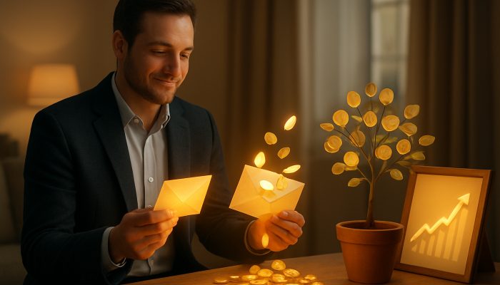 British professional in London flat directing windfall cash into savings tree and investment charts for growth