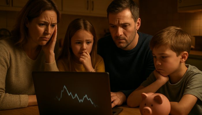 British family anxiously reviews fluctuating income graph on laptop with empty piggy bank in kitchen