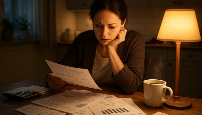 British woman reviewing bank statements and expense charts at kitchen table with tea mug