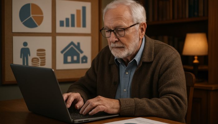 Elderly Briton checking National Insurance records on UK gov website in cozy study with pension charts.