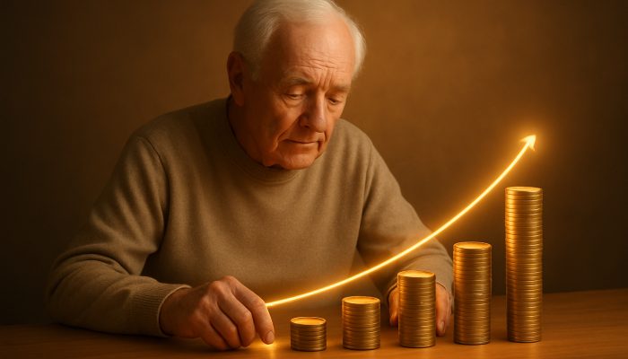 Elderly figure bridging financial timeline gaps with golden coins for full state pension contributions