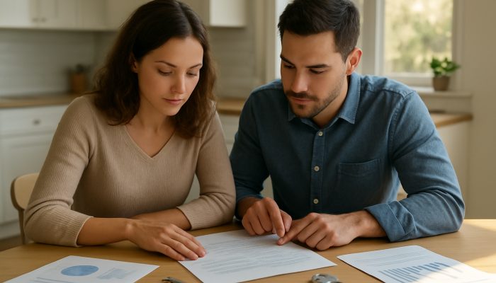 Couple reviewing joint mortgage documents at sunlit kitchen table with repayment charts and keys