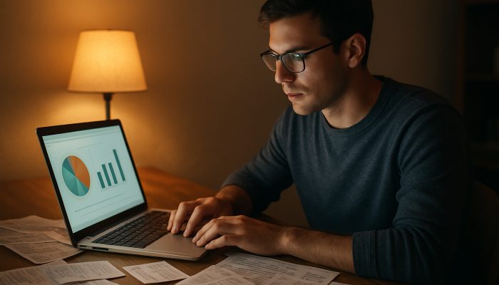 Guarding Against Slipping Back Into Debt: Essential Steps | DCL Person reviewing expense charts on laptop at desk with receipts and spreadsheets in evening light