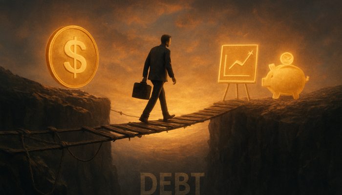 Guarding Against Slipping Back Into Debt: Essential Steps | DCL Person crossing fragile bridge over debt abyss, protected by budgets and savings under hopeful sky