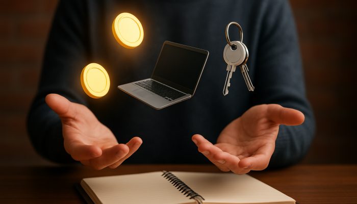 Guarding Against Slipping Back Into Debt: Essential Steps | DCL Person juggling salary coins, freelance laptop, and rental keys into budget planner for financial stability.