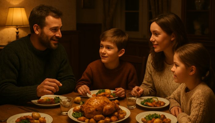 British family sharing stories at cozy Sunday roast table in traditional UK dining room
