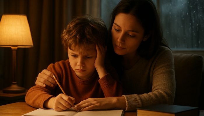 Calm parent guiding frustrated child through learning activity in cozy rainy-day room with warm lamplight