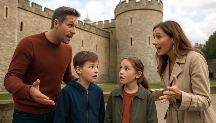 British family at Tower of London as parents teach excited children about ancient stone walls