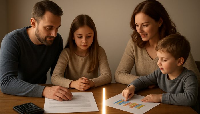 Family reviewing loan documents and income charts at a wooden table under soft light.