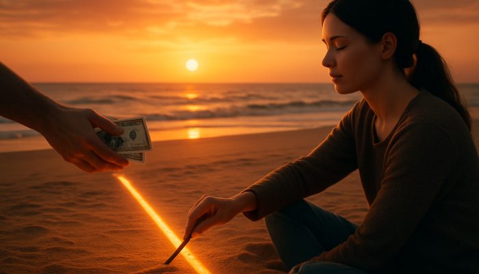 Person drawing glowing line in sand to block reaching hands with money at sunset
