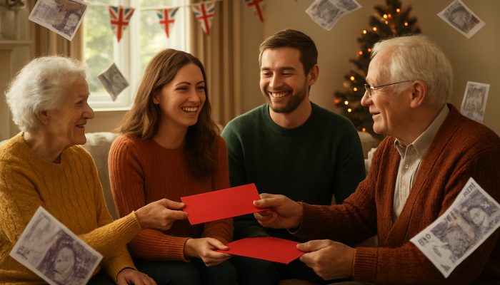 Cozy British family receiving gift envelopes from grandparents amid floating pound notes in sunlit living room