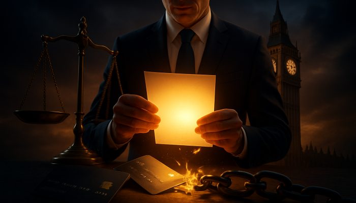 Rolling Business and Personal Debts Together: Expert Tips | DCL UK businessman merges loans and credit cards amid breaking chains, Big Ben, and scales of justice