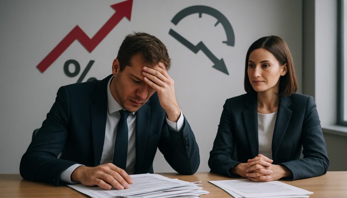 Rolling Business and Personal Debts Together: Expert Tips | DCL Stressed UK professional merges debt papers with advisor amid rising interest arrows and falling credit score.