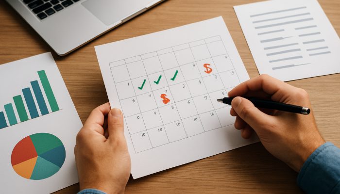 Person at desk aligning salary deposits with bill dates on calendar amid income lists and expense charts.