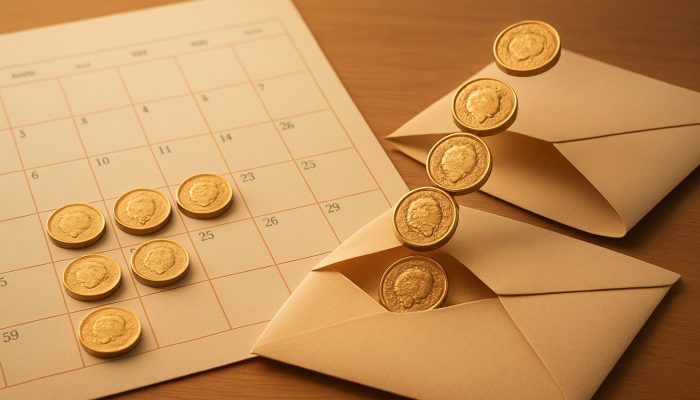 Vibrant UK calendar aligning payday with bills, pound coins into envelopes, Big Ben silhouette