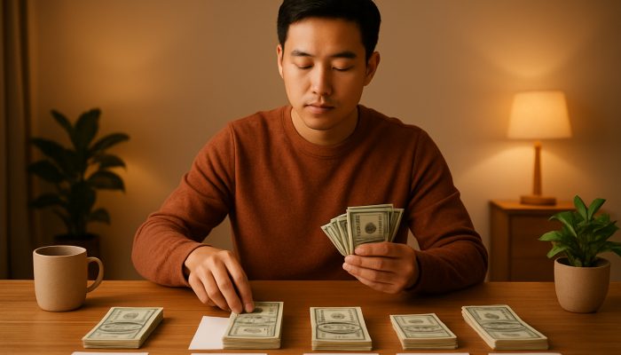Person sorting essential bills like rent from non-essentials at a wooden desk with salary cash.
