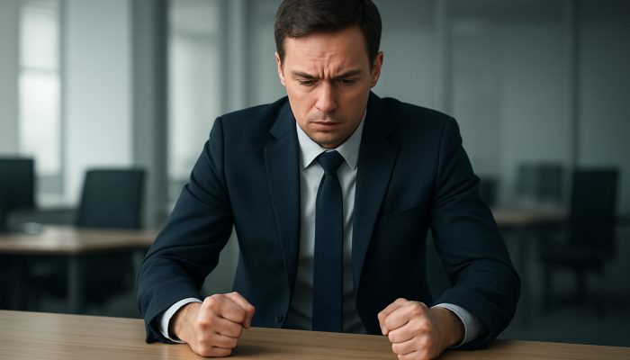 Avoiding Shame Spirals After Mistakes: British Strategies | DCL British office worker in suit clenching fists, showing hidden workplace anxiety and shame at desk