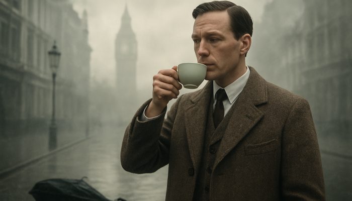 Avoiding Shame Spirals After Mistakes: British Strategies | DCL British man sips tea calmly after dropping umbrella in rainy London, showing stiff upper lip.