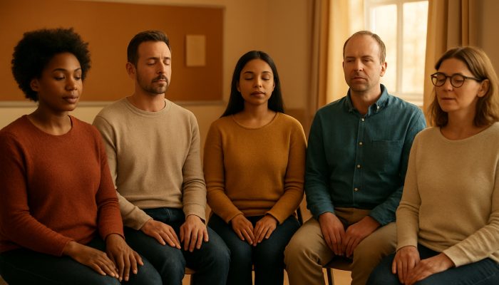 Avoiding Shame Spirals After Mistakes: British Strategies | DCL Diverse adults practicing guided mindfulness with eyes closed in a cozy UK classroom circle.
