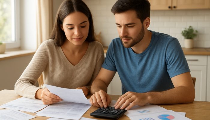 Setting Limits to Avoid Fresh Borrowing: Practical Advice | DCL Young couple reviewing household budgets with bills and calculator at sunlit kitchen table