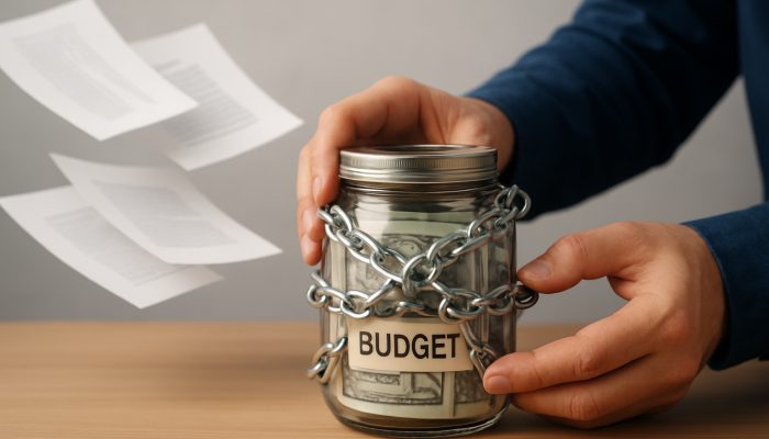 Setting Limits to Avoid Fresh Borrowing: Practical Advice | DCL Person locking budget jar with chains, blocking loan papers to set financial boundaries.