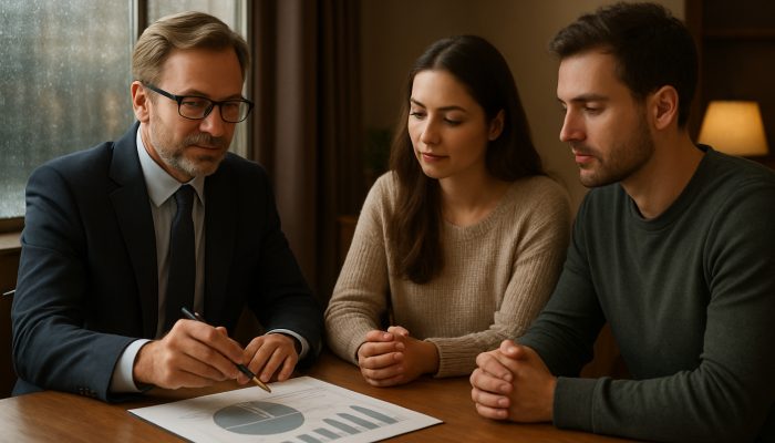 Setting Limits to Avoid Fresh Borrowing: Practical Advice | DCL UK financial advisor consulting young couple on debt charts in cozy London office