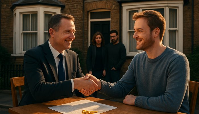 British banker approving mortgage for smiling homeowner outside UK terraced house with golden keys