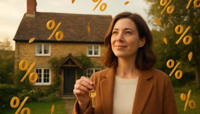 UK homeowner with cottage keys as golden interest rates fall, symbolizing mortgage savings and financial freedom.