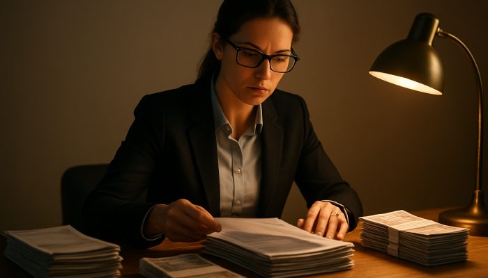 Checking All Accounts Really Show Zero: Verify Your Balances | DCL Professional sorting UK bank statements on wooden desk under lamplight for financial verification.