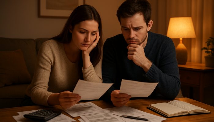 Balancing Rent and Loan Repayments: Essential Money Management | DCL Young couple reviewing rent bills and salary slips on table in cozy UK living room