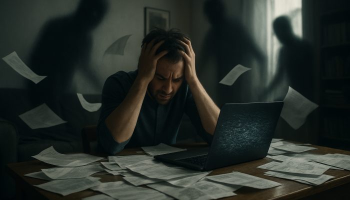 Stressed person in cluttered UK flat with hacked laptop and scattered papers amid financial despair