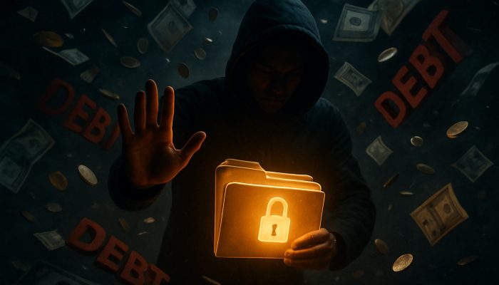 Person shielding glowing locked file from storm of bills and debt symbols in money stress