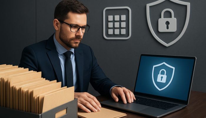Professional reviewing organized folders and encrypted files on laptop in secure office