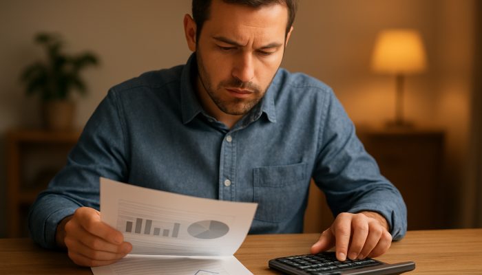 Borrower reviews loan documents and calculator on desk comparing APR and payments for UK savings.