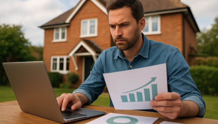 Homeowner reviews credit scores and income charts at desk beside British house for remortgage approval.