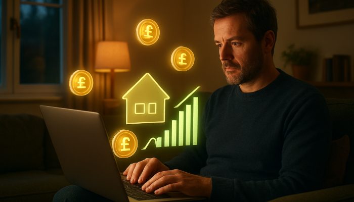 UK homeowner views mortgage calculator on laptop with floating pound coins and green savings graphs in cozy room