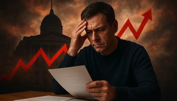 Concerned UK homeowner reviews mortgage documents with Bank of England silhouette and fluctuating red interest arrows amid inflation.