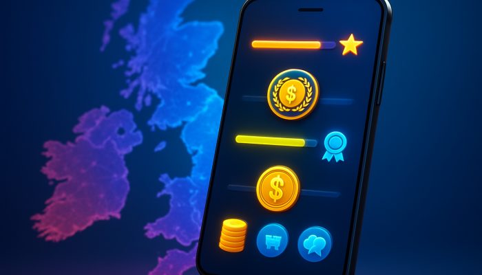 Gamifying Payments to Stay Motivated: UK Motivation Tips | DCL Smartphone displaying gamified UK banking app with glowing progress levels, badges, and coins on map