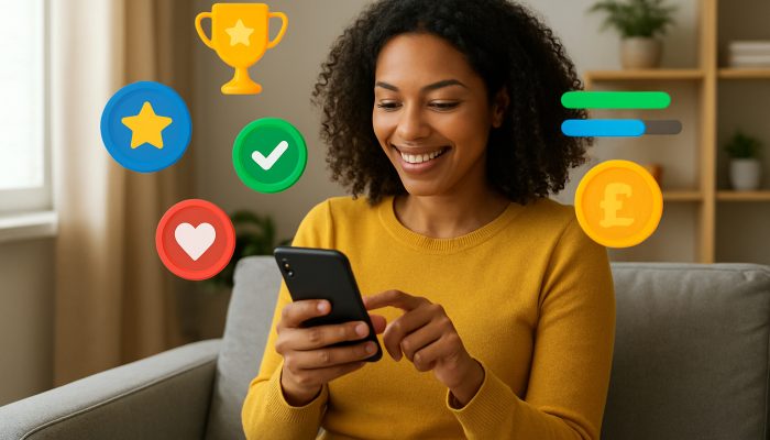 Gamifying Payments to Stay Motivated: UK Motivation Tips | DCL Motivated person gamifying bill payments on smartphone app with badges in cozy London flat