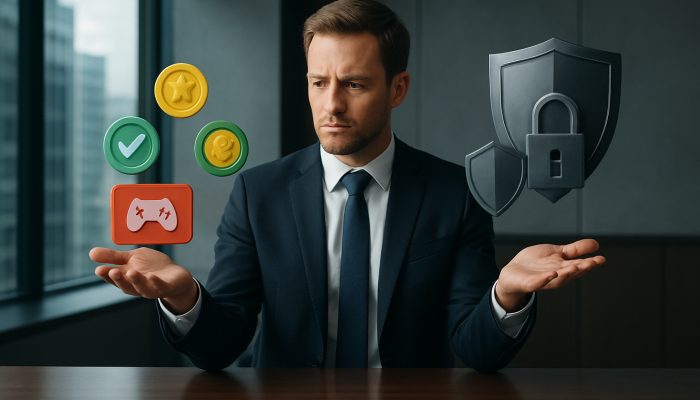 Gamifying Payments to Stay Motivated: UK Motivation Tips | DCL Fintech executive balancing gamified payments against regulatory shields in sleek London boardroom
