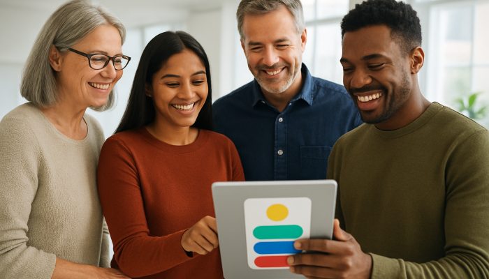 Tracking Progress Whichever Method You Use: Key Strategies | DCL Diverse UK team smiling while using colorful progress tracking app on shared tablet in modern office.