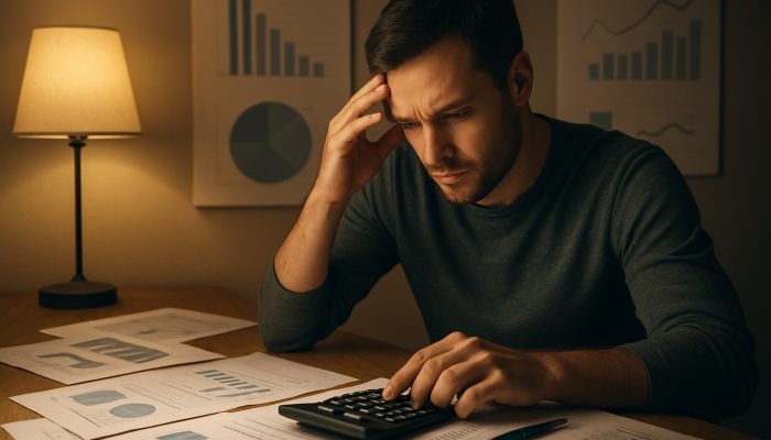 Person reviewing bills, statements, and charts at desk with calculator under lamplight