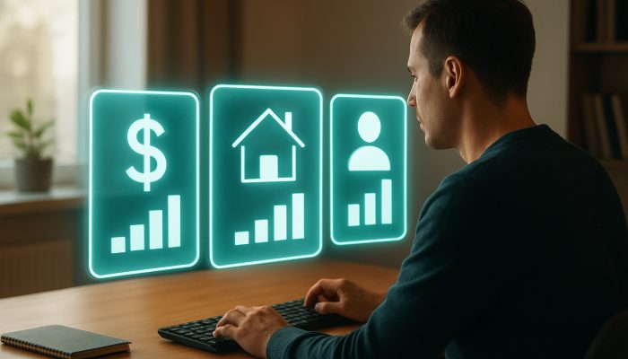 Person reviewing glowing eligibility charts for community lender approval in professional office