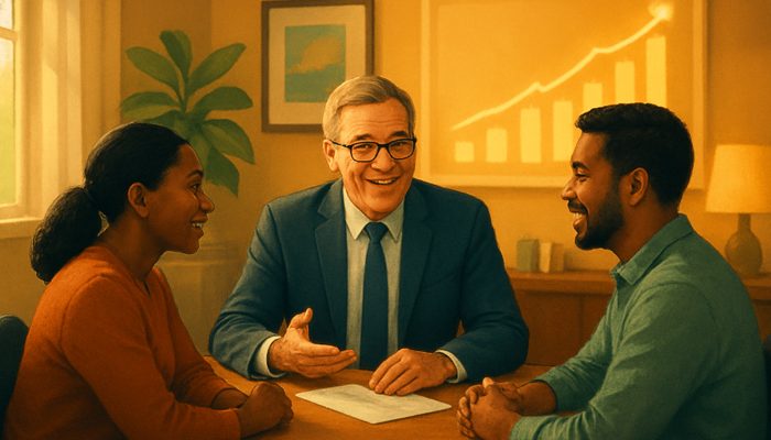 Vibrant illustration of welcoming local lender advising diverse borrowers with flexible repayment charts in cozy office