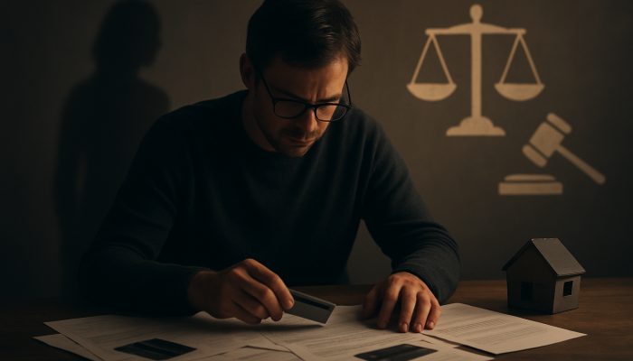 Tidying Debts After a Relationship Breakup: Expert Tips | DCL Solitary figure sorts joint mortgage papers and credit cards at desk with fading partner silhouette and UK legal icons