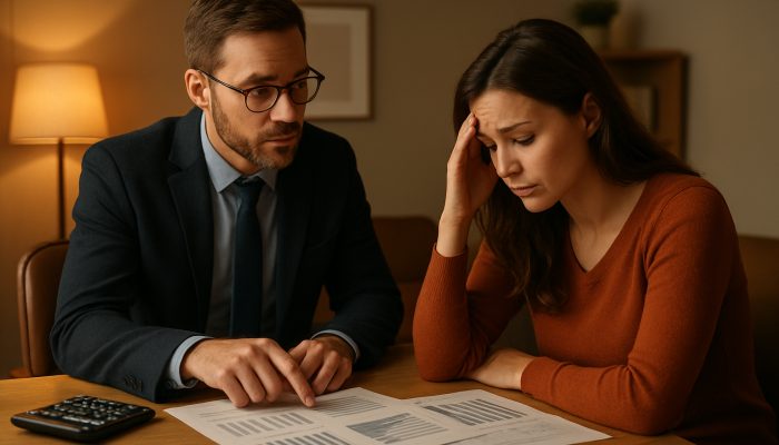 Tidying Debts After a Relationship Breakup: Expert Tips | DCL Empathetic UK debt counsellor advising worried client on post-breakup joint debt in cozy office.