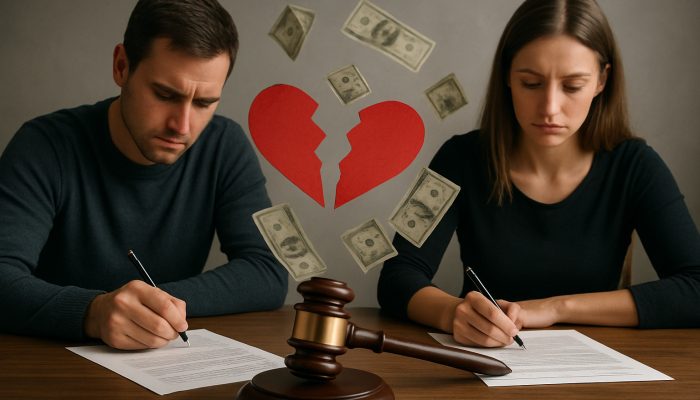 Tidying Debts After a Relationship Breakup: Expert Tips | DCL Somber couple signs consent order dividing debts with gavel and scattered bills after separation.